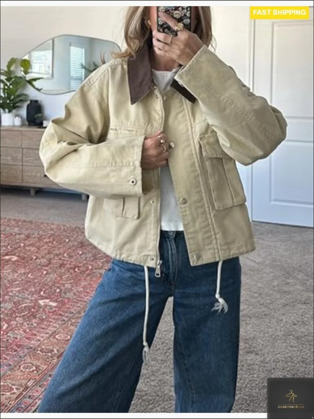 Cropped Jacket Contrast Collar Utility Coat Cargo Barn Jacket Outwear Pockets